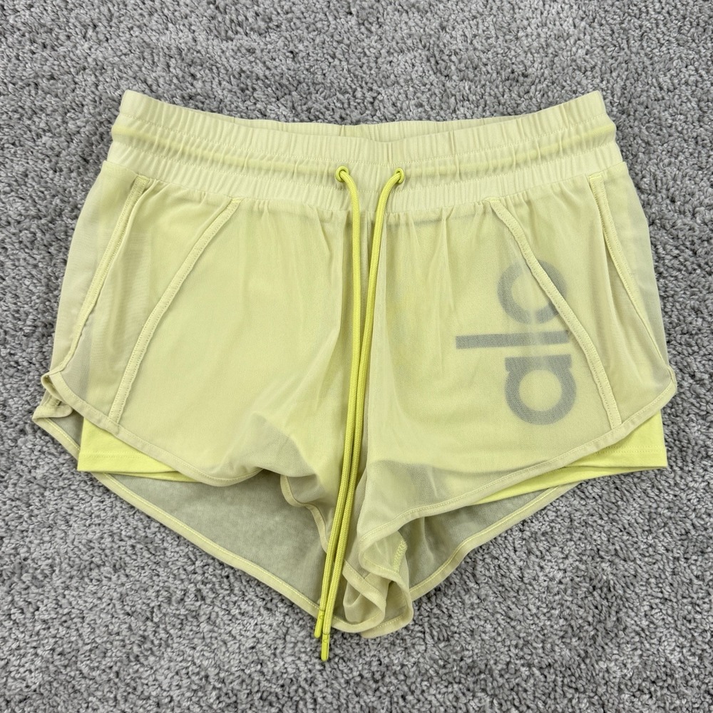 Alo Yoga Ambience Shorts S Neon Yellow Mesh Lined Gym Running Athleisure Workout
